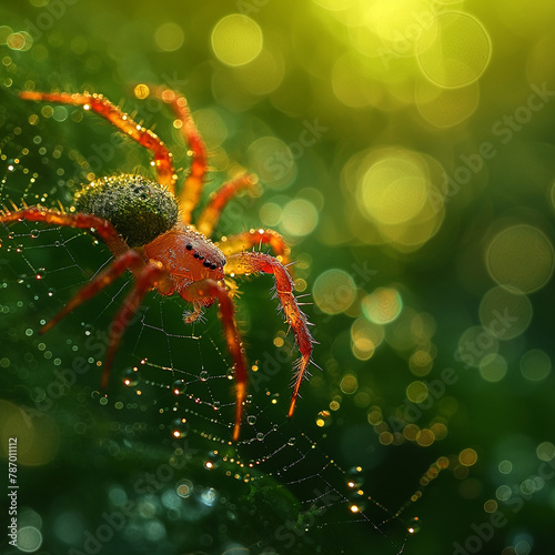 AI generated illustration of a spider covered in dewdrops on a leaf