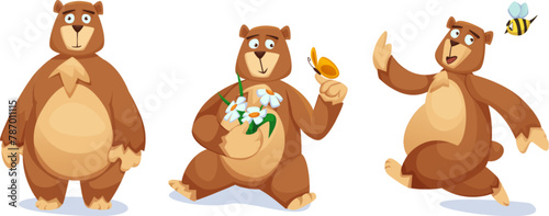 Funny bear characters set isolated on white background. Vector cartoon illustration of grizzly mascot, cute brown animal standing and smiling, sitting with flower and butterfly, running from angry bee