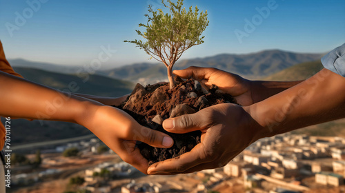 AI generated illustration of humans working together to restore nature through tree planting