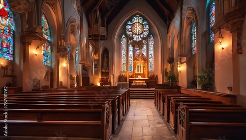 AI generated illustration of an empty church with long pews facing a colorful stained glass window