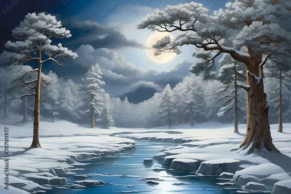 AI generated illustration of a winter forest with snowy river, moonlit sky, and trees