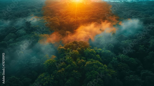 The misty morning reveals treetops highlighted in the expansive aerial sunrise over a dense forest view