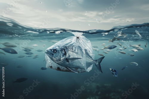 fish, plastic, bag, underwater, pollution, ocean, marine, life, threat, environment, danger, aquatic, waste, sea, conservation, contamination, trap, hazard, ecosystem, water, sustainability, environme