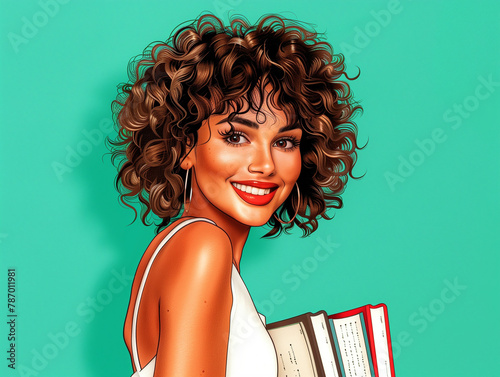 Portrait coloré d'une étudiante souriante aux cheveux bouclés, brune ou métis, elle porte des livres d'études, portrait isolé sur fond bleu turquoise
