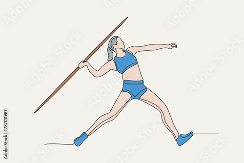 Female javelin throwers competing. colored. Olympics concept one-line drawing