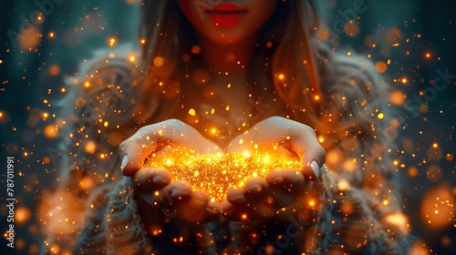 AI generated illustration of a young woman holding luminous sparkles above her hands in the air
