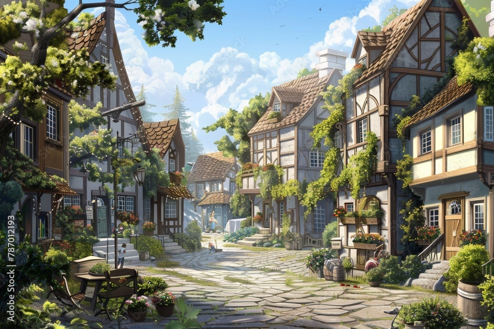 A charming countryside village with quaint cottages, cobblestone streets, and villagers going about their daily lives - obrazy, fototapety, plakaty 