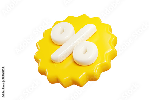 Yellow starburst sticker with percent sign floating in air. 3D render illustration (ID: 787012125)