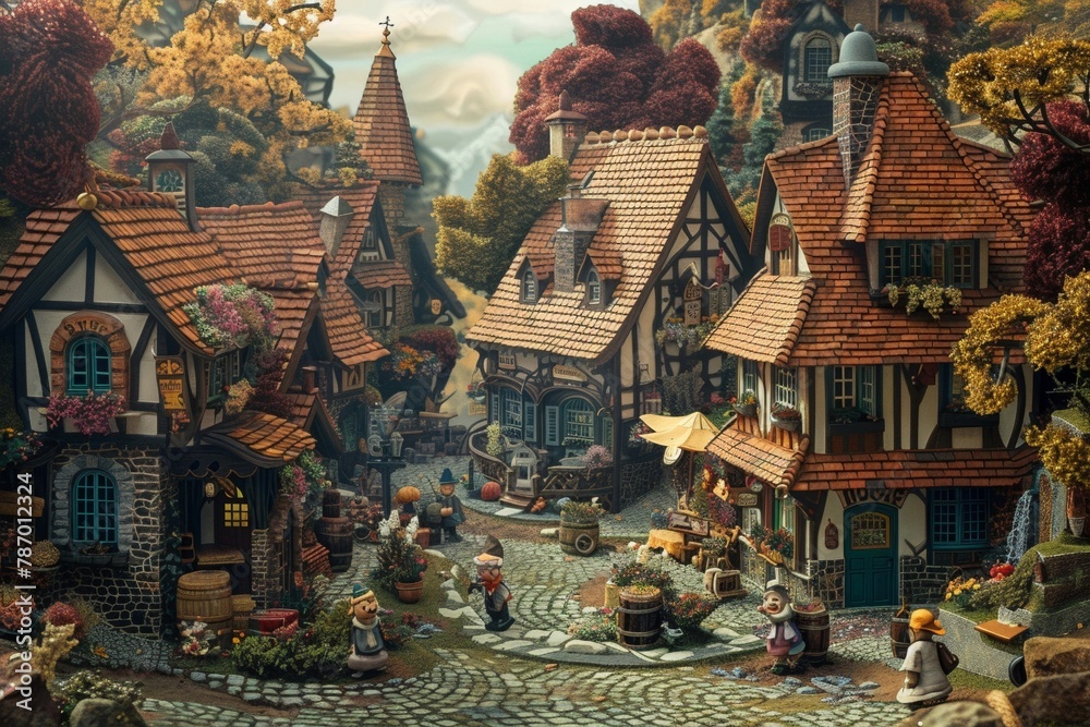 A charming countryside village with quaint cottages, cobblestone streets, and villagers going about their daily lives - obrazy, fototapety, plakaty 