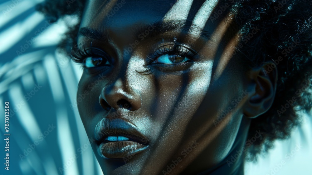 A dramatic portrait of a model with deep ebony skin, the intricate shadows of palm leaves adding texture, set against a stark grey background