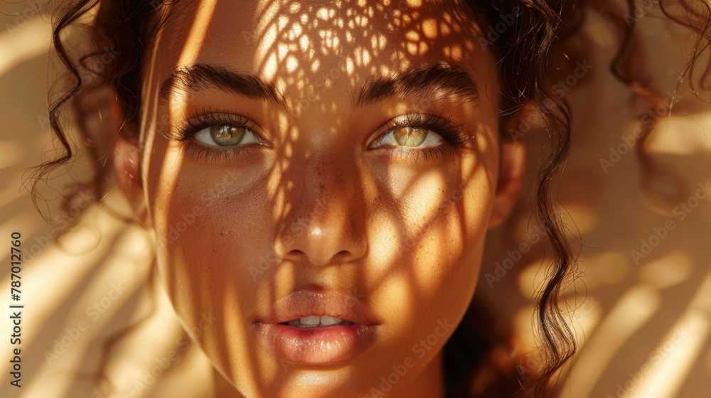 A serene portrait of a model with honey-toned skin, with fine palm shadows mimicking lace, set against a soft beige background.
