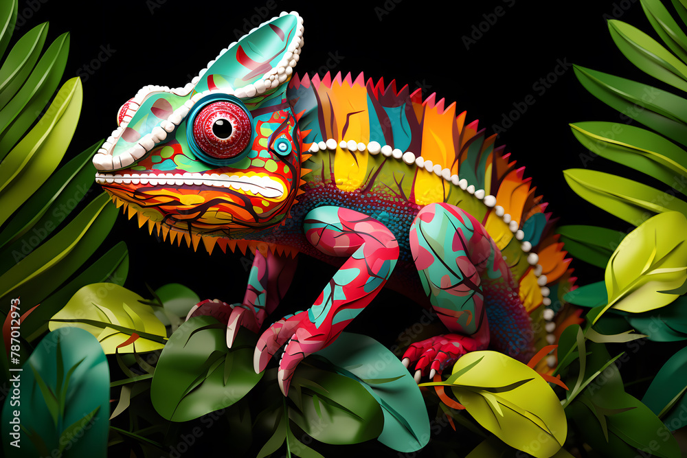 Fototapeta premium Colorful chameleon in the jungle, cut paper art style illustration