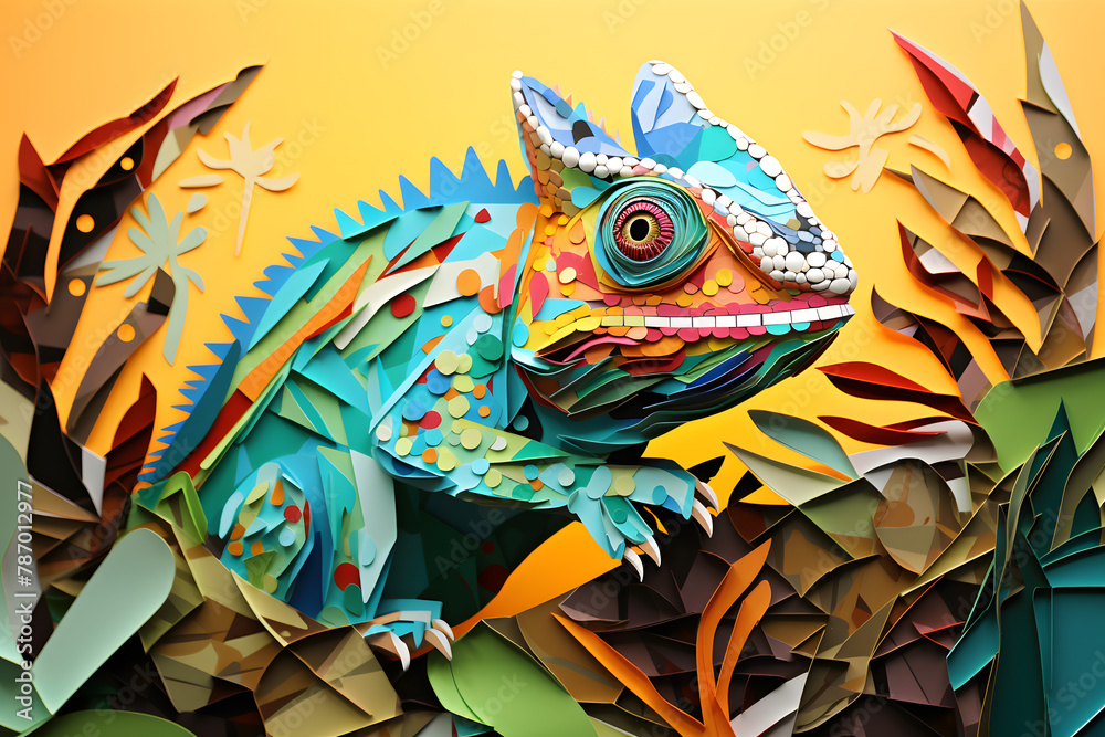 Colorful chameleon in the jungle, cut paper art style illustration Colorful chameleon in the jungle, cut paper art style illustration