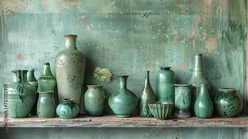 AI generated illustration of shades of green with green pots displayed on a shelf