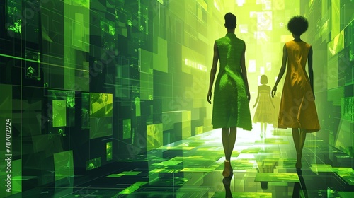 AI generated illustration of shades of green with two women walking in front of a large mural