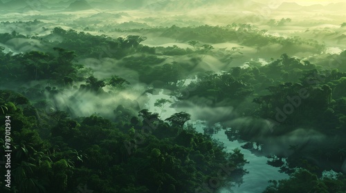 AI generated illustration of shades of green with a green jungle along a river