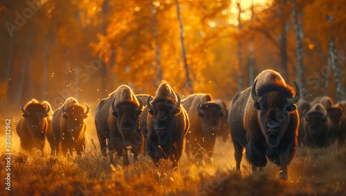 A herd of bison roam the grassland at sunset, their snouts grazing on the fawn grass. The natural landscape of the prairie is surrounded by forests