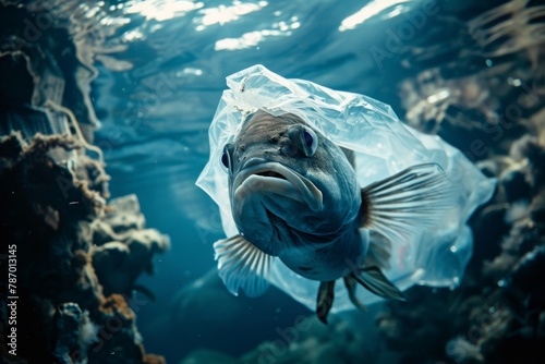 A poignant underwater scene of a fish entrapped in a discarded plastic bag, evoking a dire message on pollution and marine life endangerment photo