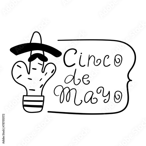 Badge with funny cactus. Cinco de Mayo. Mexican national holiday. Vector hand drawn illustration on white background.
