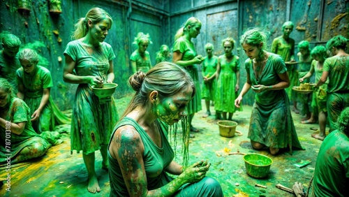 Group of women in green attire and green-painted faces, AI-generated.