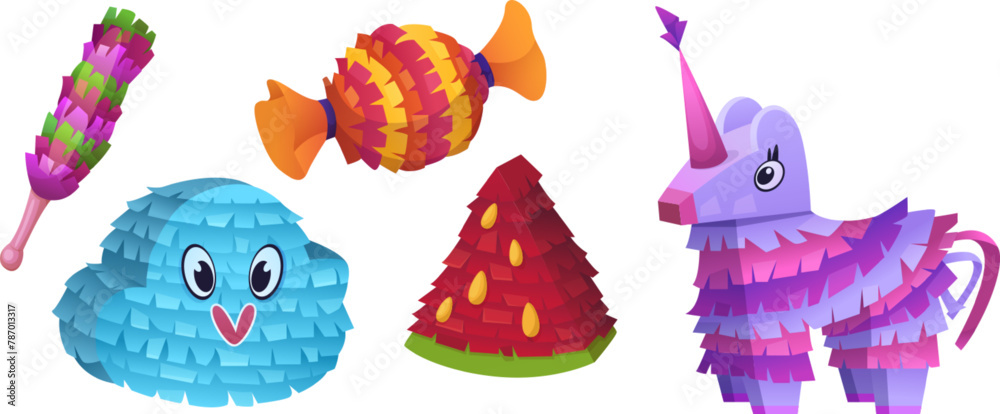 Colorful mexican pinatas set isolated on white background. Vector cartoon illustration of paper decoration in shape of cloud, candy, watermelon, unicorn, traditional birthday celebration accessory - obrazy, fototapety, plakaty 