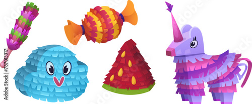 Colorful mexican pinatas set isolated on white background. Vector cartoon illustration of paper decoration in shape of cloud, candy, watermelon, unicorn, traditional birthday celebration accessory © klyaksun