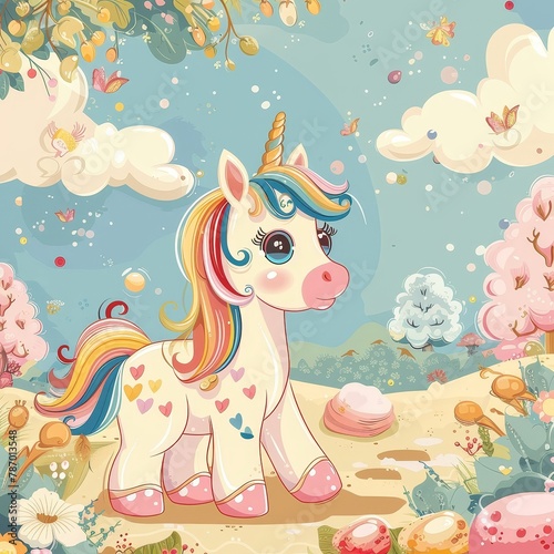 A cute unicorn with a rainbow mane and tail is walking through a field of flowers. The unicorn is surrounded by colorful flowers, butterflies, and other magical creatures. The sky is a bright blue and