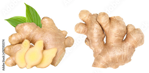 Fresh ginger rhizome with green leaves and slices isolated, transparent PNG, PNG format, cut out