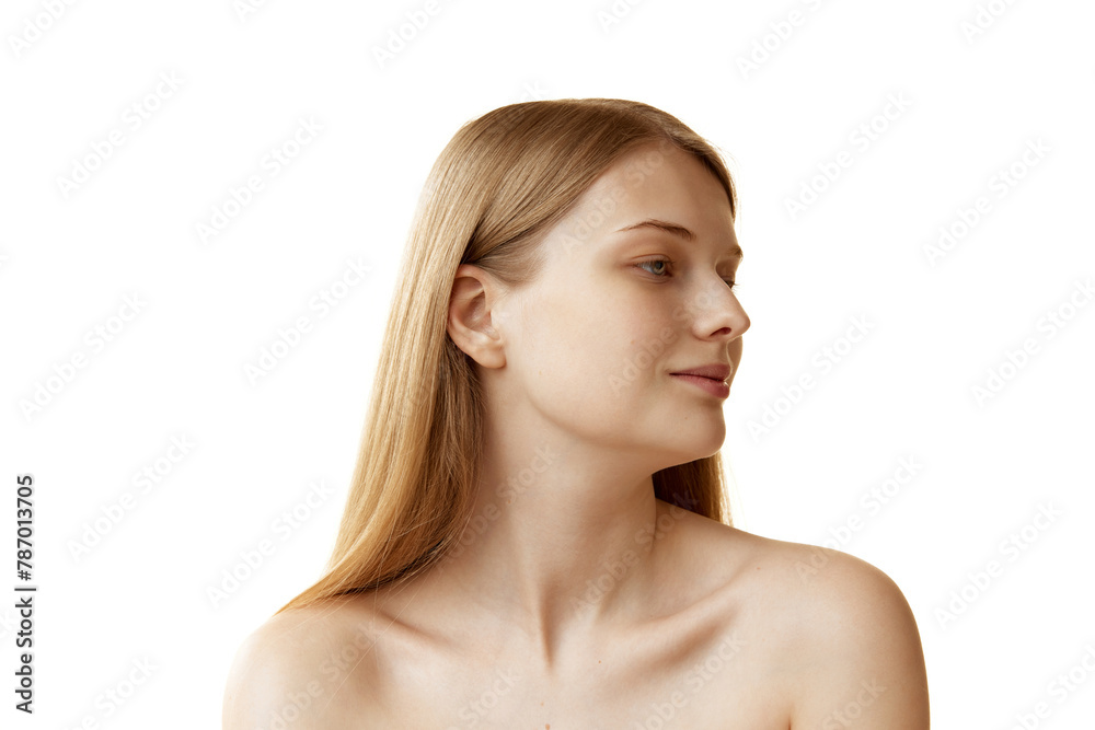 Profile view portrait of young beautiful woman with bare shoulders looking away against white studio background. Concept of natural beauty, organic cosmetic, spa procedures, face-care. Profile view portrait of young beautiful woman with bare shoulders looking away against white studio background. Concept of natural beauty, organic cosmetic, spa procedures, face-care.