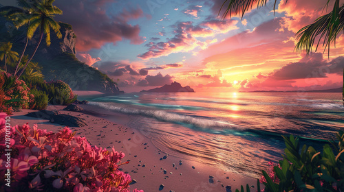 Let AI paint a picturesque scene with an incredible sunset over a tropical paradise. 