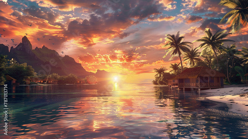 Let AI paint a picturesque scene with an incredible sunset over a tropical paradise. This realistic image, captured in HD, showcases a luxurious beach panorama that radiates serenity and beauty photo