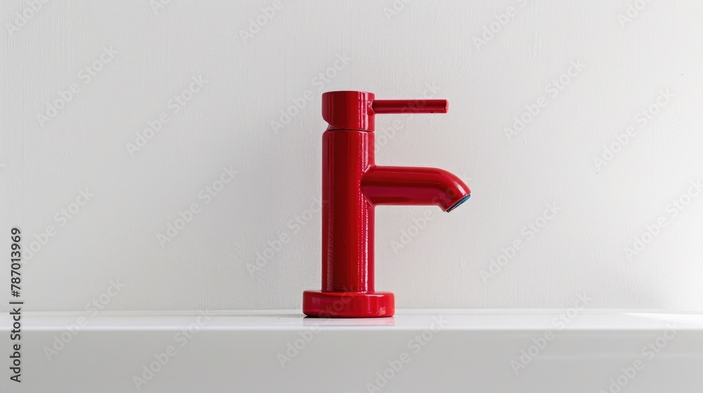 Red metal plumbing tap and sanitary furniture against a white backdrop Red metal plumbing tap and sanitary furniture against a white backdrop