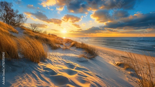 A beautiful sunset on the beach of the Sobieszewo Island at the Baltic Sea at spring. Poland © Nijat
