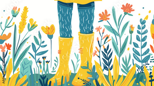 Person in yellow rubber boots watering plants in garde