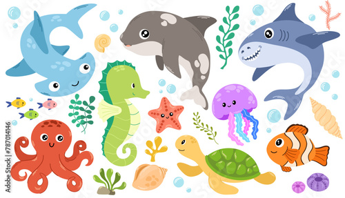 Sea life elements set. Hand draw vector doodle cartoon set of marine life objects for your design.