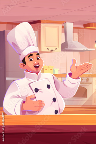 Chef in uniform and hat on kitchen. Cartoon vector illustration of Asian man cooker with welcome or demonstrate hand gesture. Restaurant professional male cook master. Funny comic culinary mascot. © klyaksun