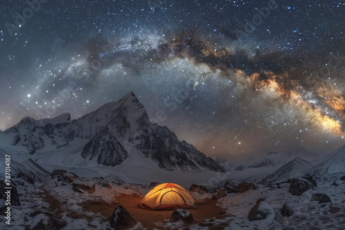 Glowing tent under starry sky with snowy mountain backdrop and Milky Way