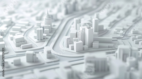 3d render of white map scene with city roads buildings top view isometric perspective photo