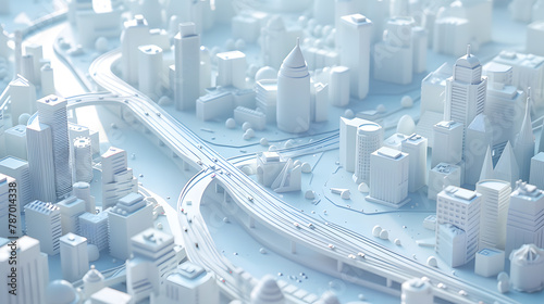 3d render of white map scene with city roads buildings top view isometric perspective photo