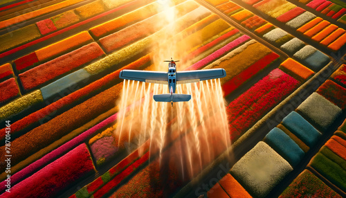 A high-angle view capturing a crop duster airplane spraying water over an immensely vast field of vibrant flowers, under the bright morning sunlight. photo