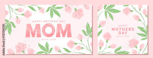 Mother's Day card, banner, poster, label, template or cover with flowers frame in pastel colors. Spring summer floral design. Vector illustration