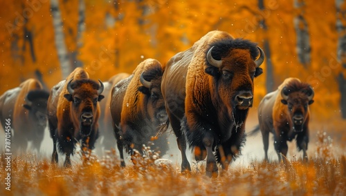 A bull leads a herd of bison through a grassy landscape, their horns and snouts visible as they move towards water in the distance