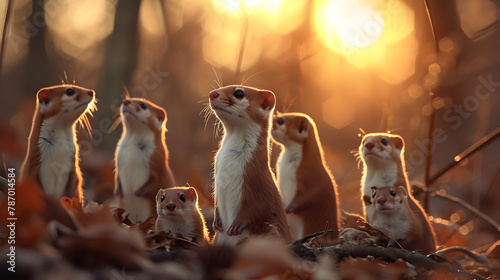 Weasel family in the forest with setting sun shining. Group of wild animals in nature. photo