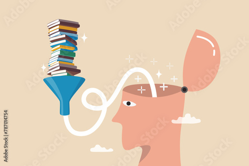 Read book fast to learning new lesson, education or studying, inspiration or easy learning, literature or intelligence information, schooling concept, book stack in funnel easy to flow in human head.