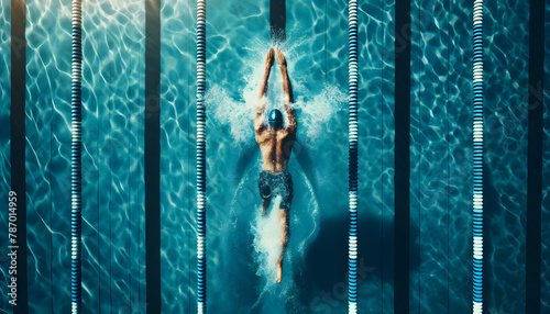 An overhead shot of a single swimmer in the middle of a swim lane in an outdoor pool.