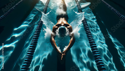 An overhead shot of a single swimmer in the middle of a swim lane in an outdoor pool. photo