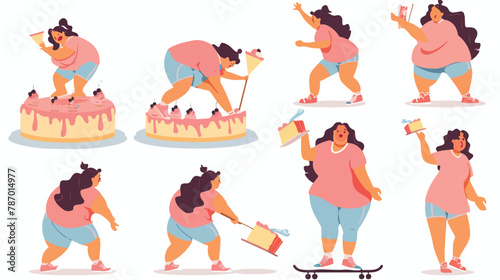 Plus size woman poses vector illustration set. Cartoon