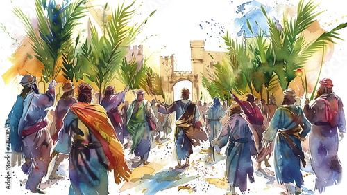 Palm Sunday Watercolor Illustration: Jesus Entering Jerusalem with Faith and Peace