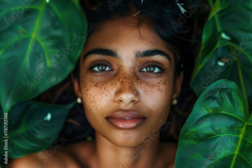Top view of a content indian girl surrounded by lush green leaves