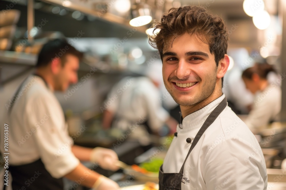 Cheerful young chef in white apron radiates confidence in a bustling commercial kitchen Cheerful young chef in white apron radiates confidence in a bustling commercial kitchen